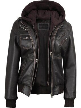 Women’s Rub Off  Leather Bomber Jacket Detachable Hood Casual Stylish Coat